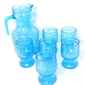 Authentic Vintage Empoli Italy Large Ornate Genie Glass Pitcher + 6 glasses Set